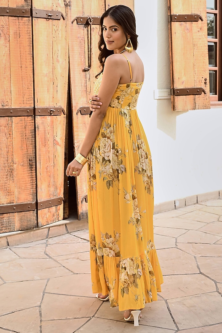 Mustard Pure Crepe Floral Jacket Summer Dress by Palak & Mehak at Pernia's Pop Up Shop