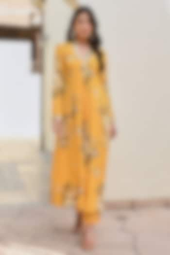 Mustard Pure Crepe Floral Kurta Set by Palak & Mehak