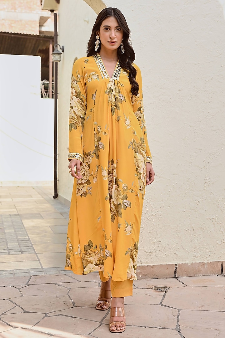 Mustard Pure Crepe Floral Kurta Set by Palak & Mehak