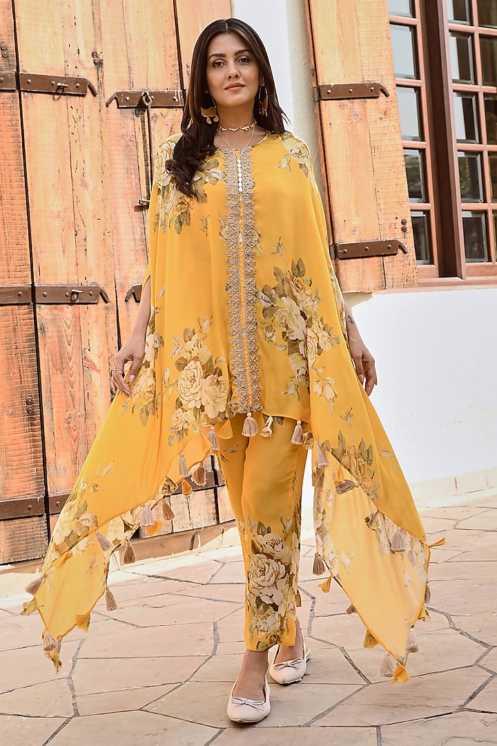 Mustard Crepe Floral Palazzo Pant Set by Palak & Mehak at Pernia's Pop Up Shop
