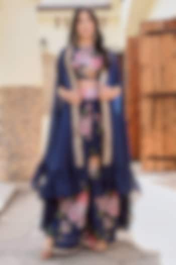 Navy Blue Pure Chinon Ruffled Cape Set by Palak & Mehak at Pernia's Pop Up Shop