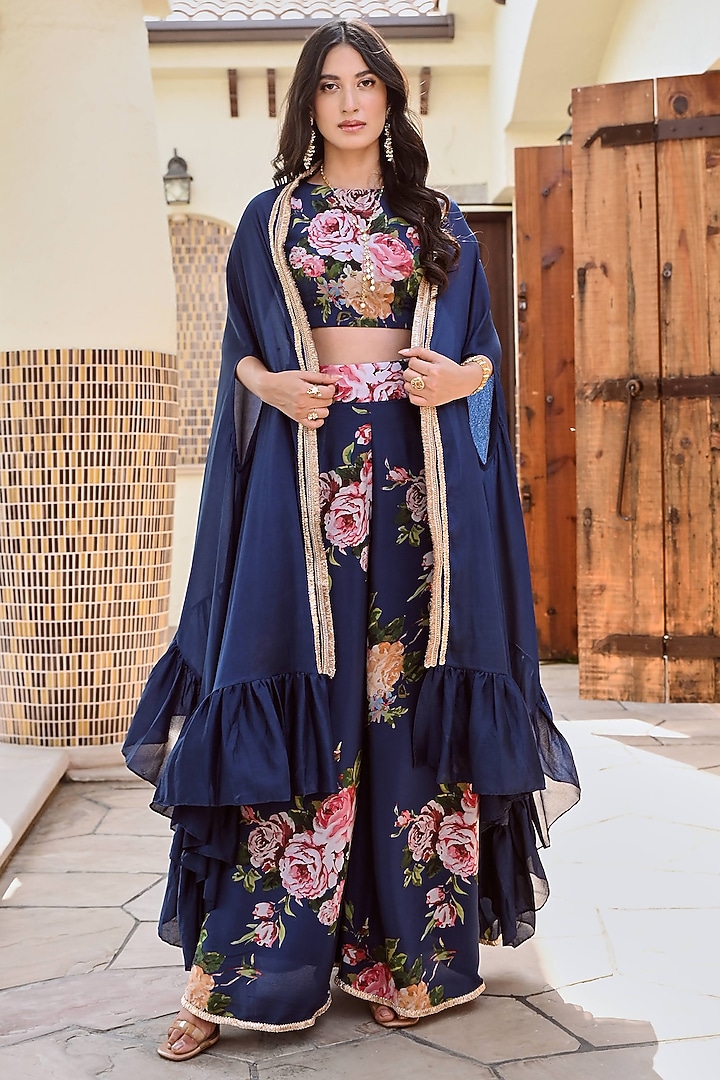 Navy Blue Pure Chinon Ruffled Cape Set by Palak & Mehak at Pernia's Pop Up Shop