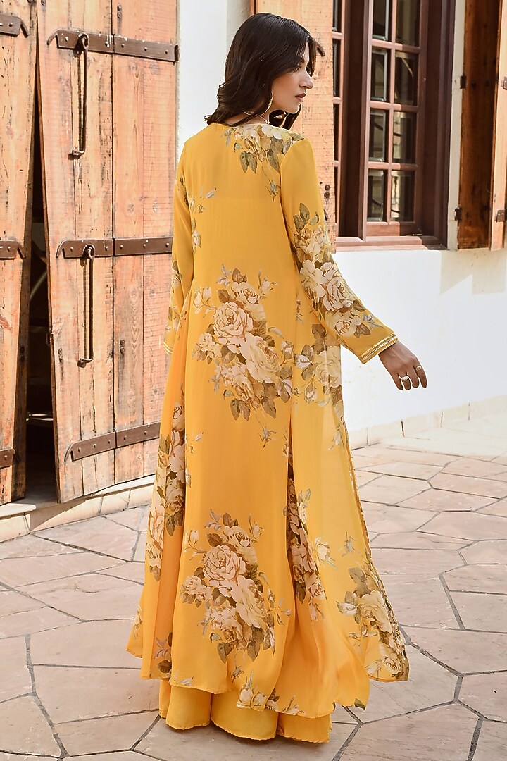 Mustard Crepe Floral Jacket Set by Palak & Mehak at Pernia's Pop Up Shop