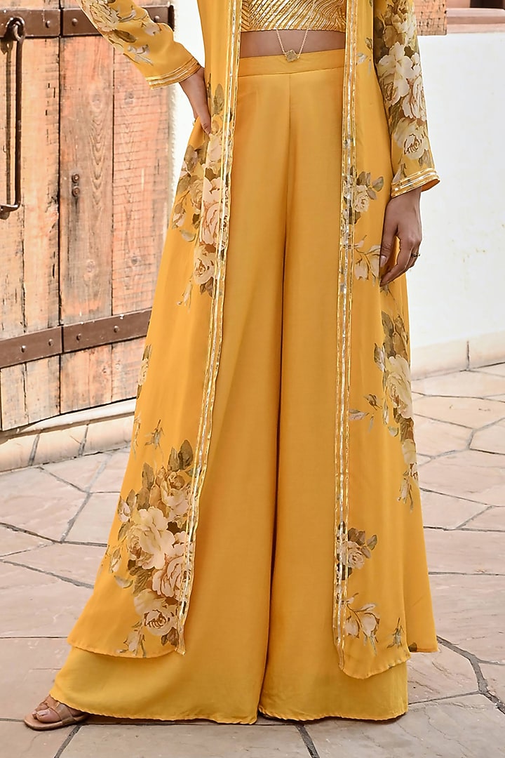 Mustard Crepe Floral Jacket Set by Palak & Mehak at Pernia's Pop Up Shop