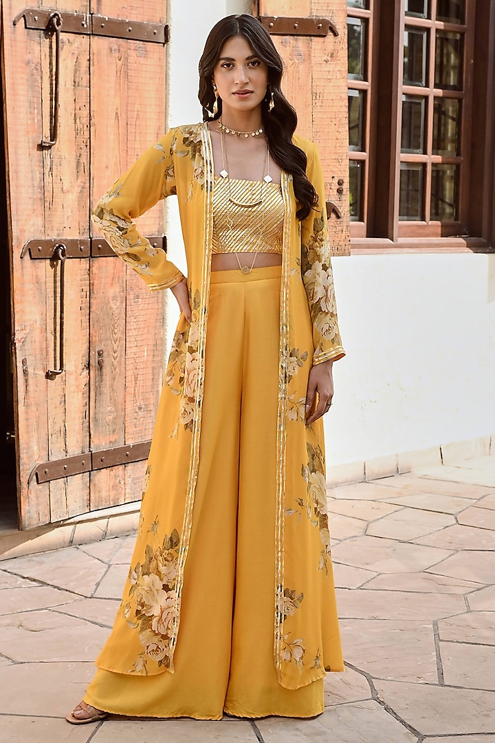 Mustard Crepe Floral Jacket Set by Palak & Mehak at Pernia's Pop Up Shop
