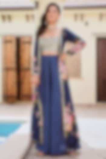 Navy Blue Crepe Floral Jacket Set by Palak & Mehak at Pernia's Pop Up Shop