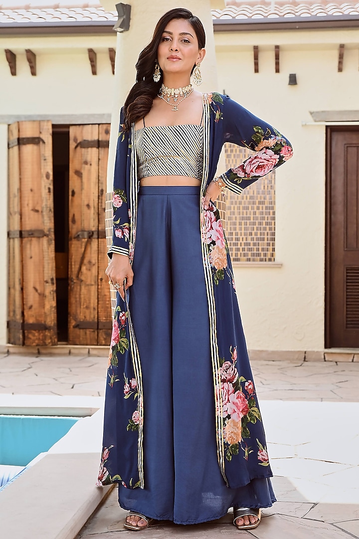 Navy Blue Crepe Floral Jacket Set by Palak & Mehak at Pernia's Pop Up Shop