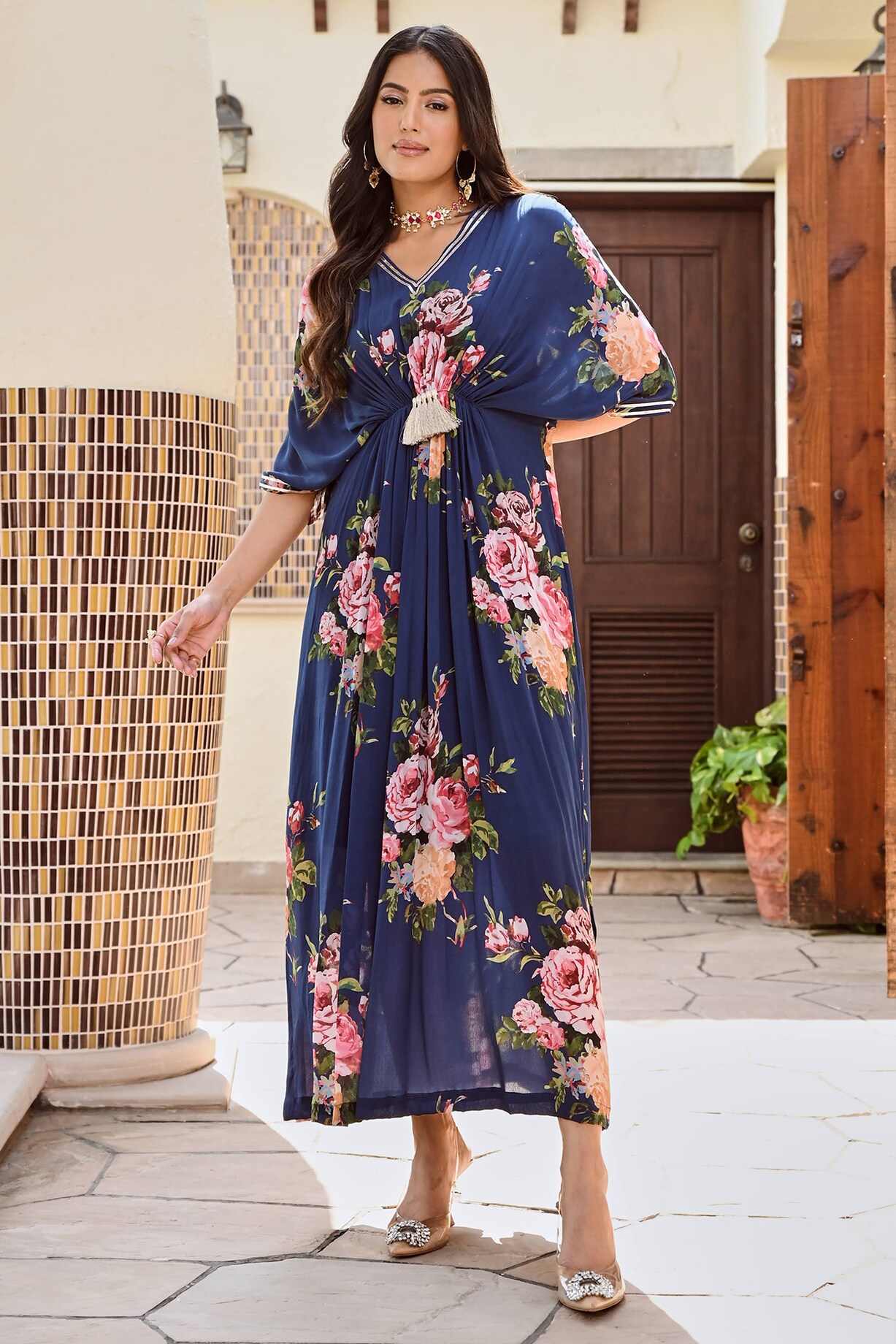 Blue Chanderi Kaftan Dress by Palak Mehak at Pernia's Pop Up