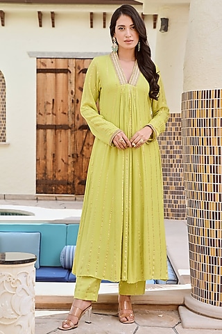 Lime Green Lurex Gota Embellished Kurta Set by Palak & Mehak