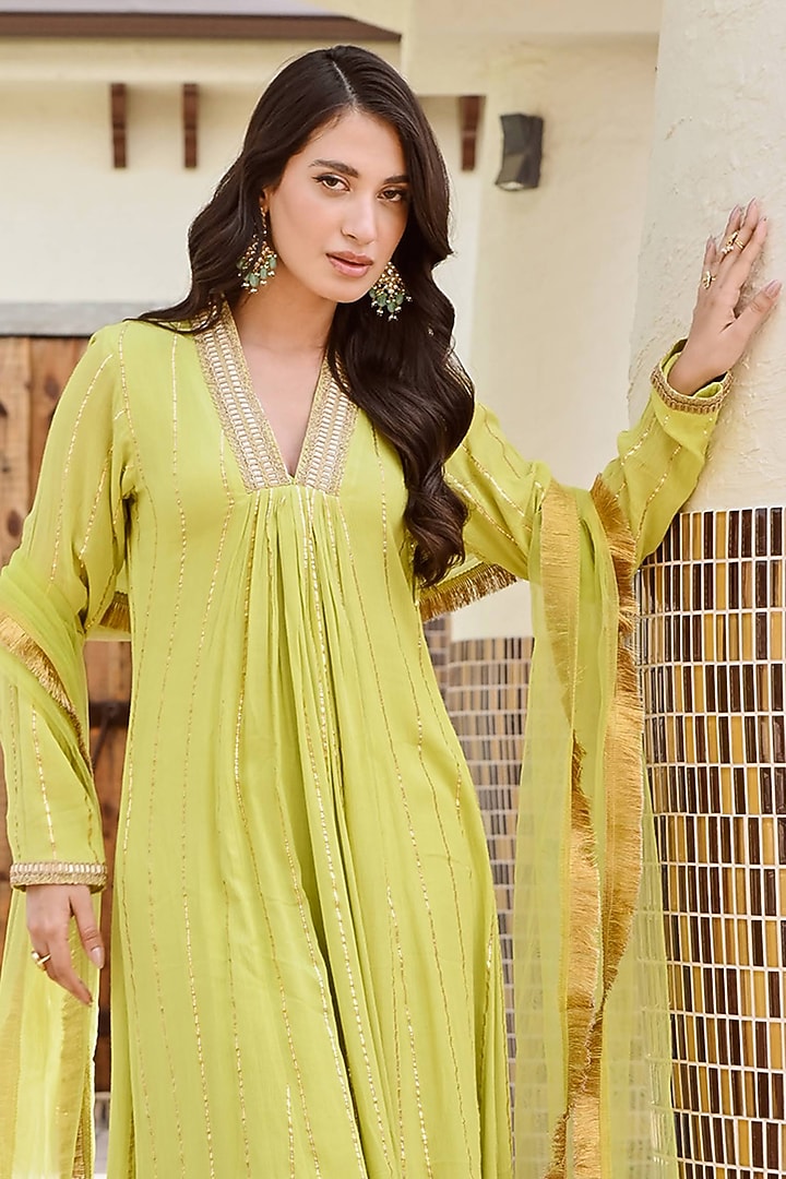 Lime Green Lurex Gota Embellished Kurta Set by Palak & Mehak at Pernia's Pop Up Shop