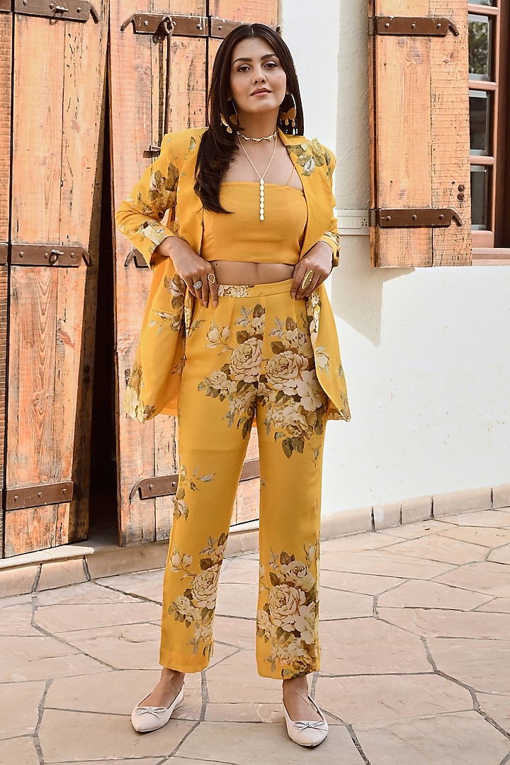 Mustard Pure Crepe Pant Set by Palak & Mehak