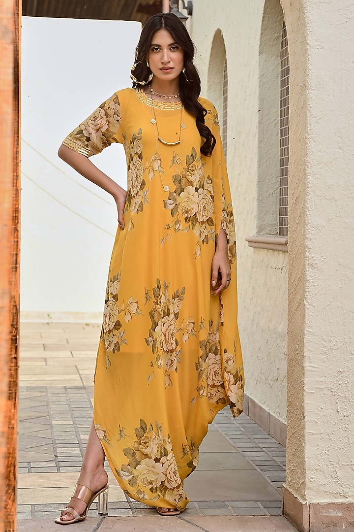 Mustard Pure Crepe Cowl Floral Dress by Palak & Mehak