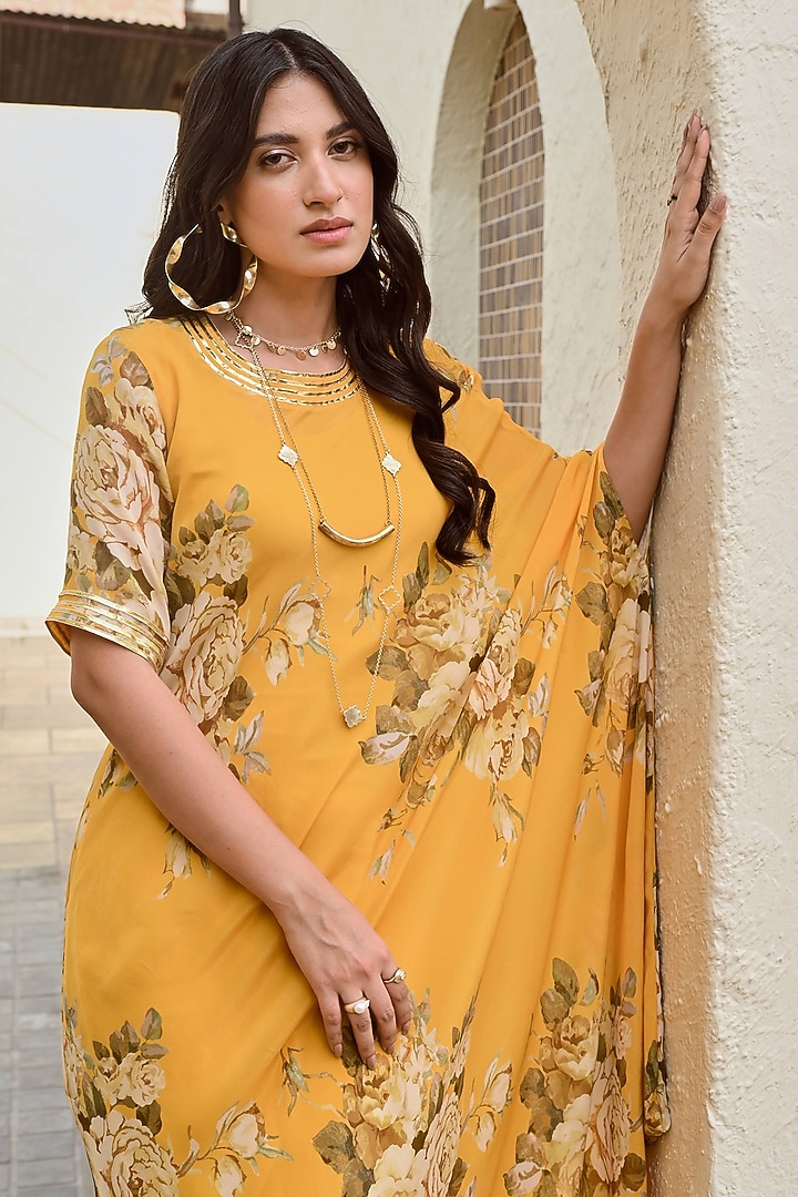 Mustard Pure Crepe Cowl Floral Summer Dress by Palak & Mehak at Pernia's Pop Up Shop