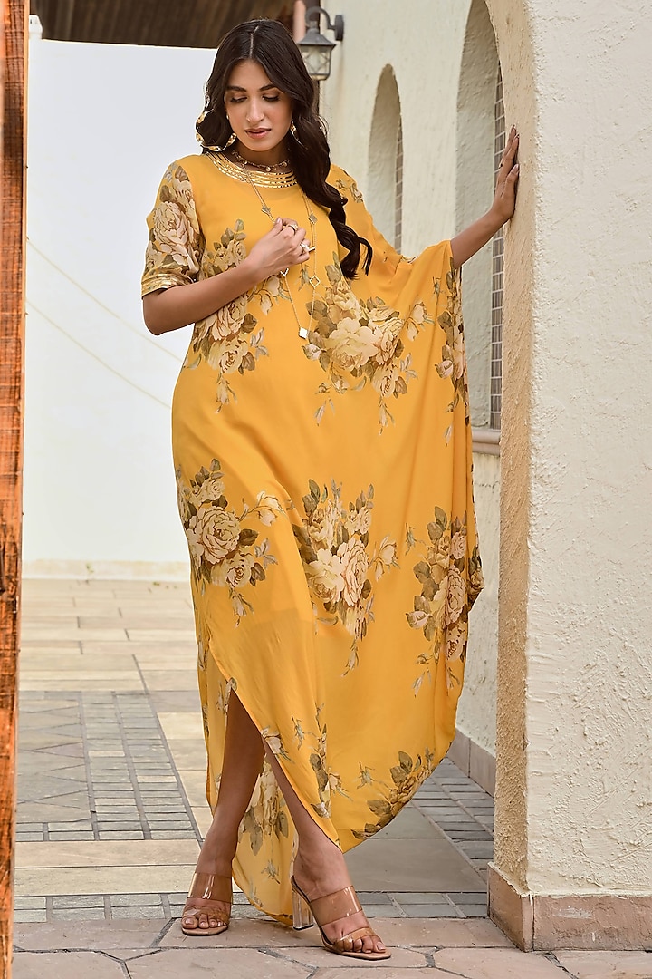 Mustard Pure Crepe Cowl Floral Summer Dress by Palak & Mehak at Pernia's Pop Up Shop
