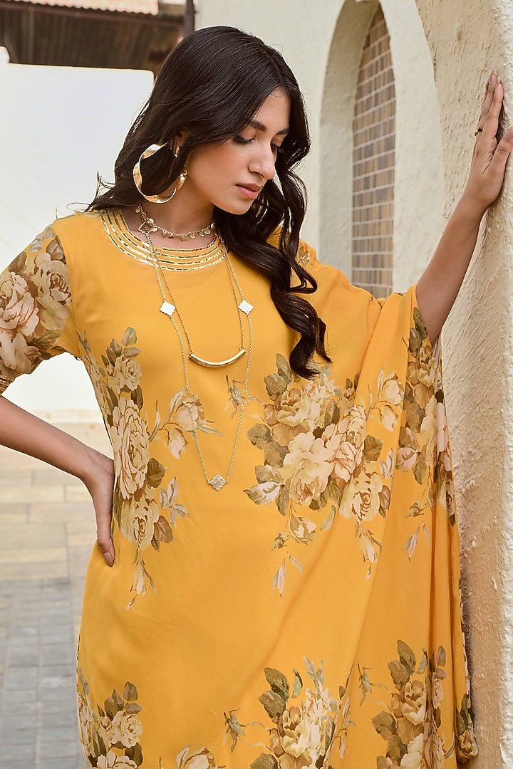 Mustard Pure Crepe Cowl Floral Summer Dress by Palak & Mehak at Pernia's Pop Up Shop