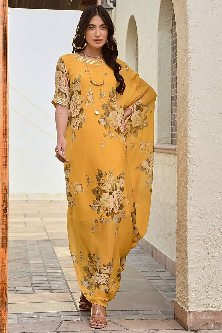 Mustard Pure Crepe Cowl Floral Summer Dress by Palak & Mehak at Pernia's Pop Up Shop