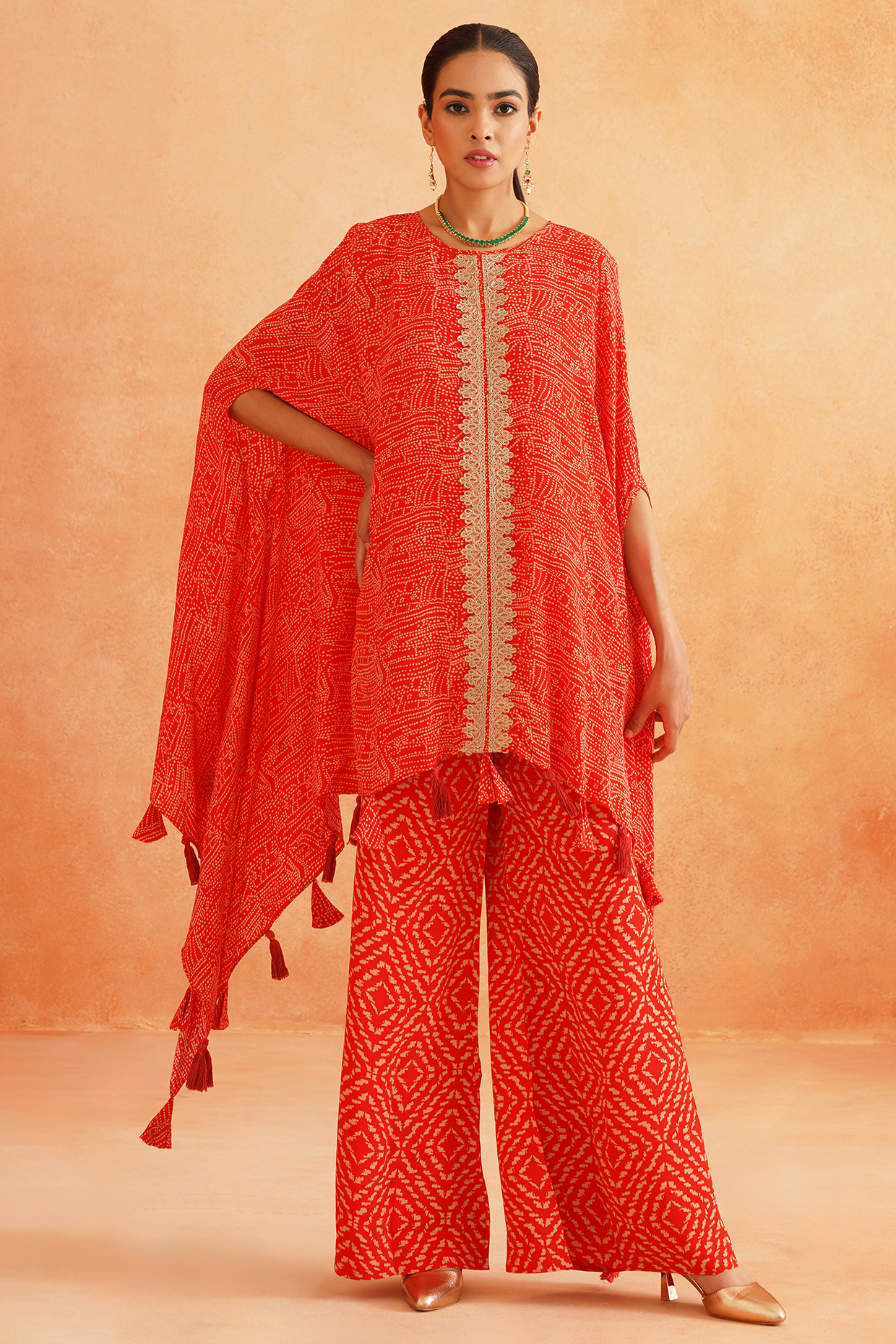 Red Crepe Wide-Legged Pant Set by Palak & Mehak at Pernia's Pop Up Shop