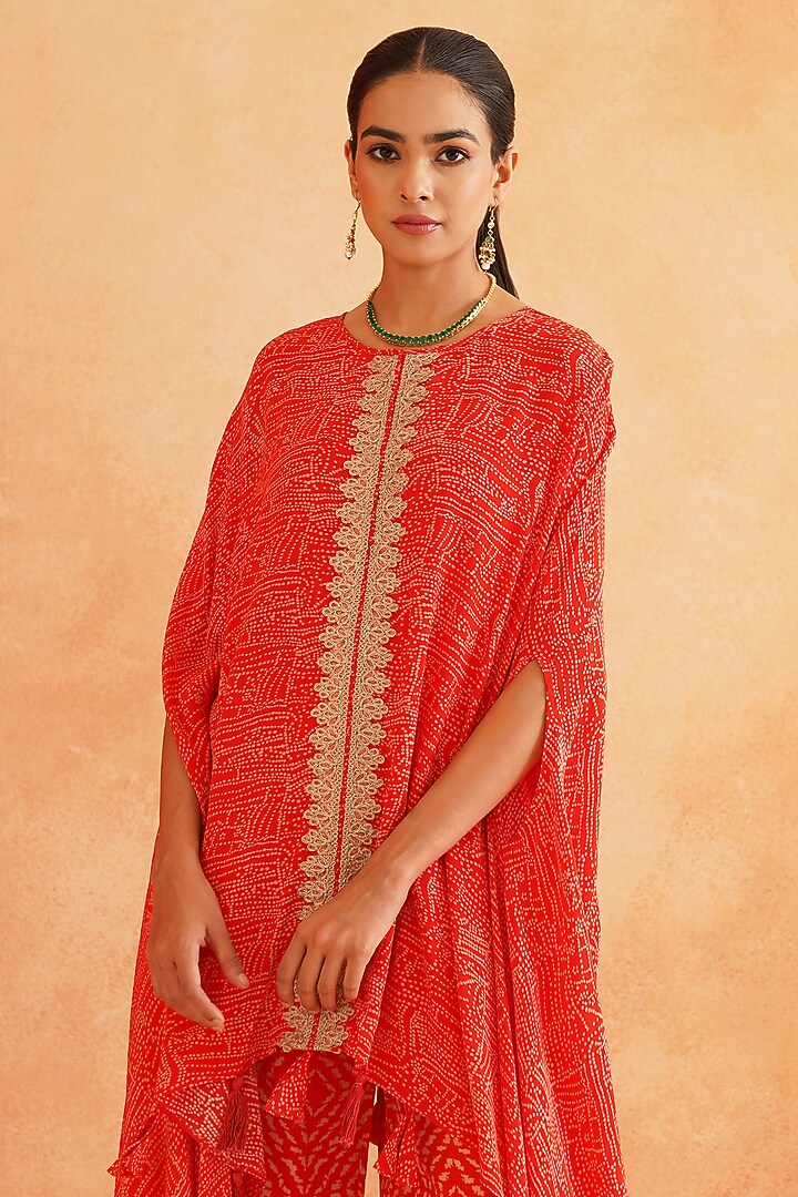 Red Crepe Wide-Legged Pant Set by Palak & Mehak at Pernia's Pop Up Shop
