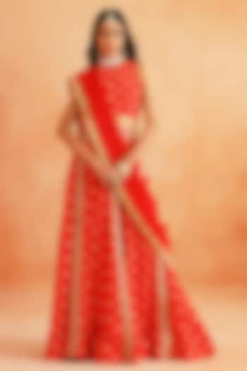 Scarlet Red Crepe Hand Embroidered Lehenga Set by Palak & Mehak at Pernia's Pop Up Shop