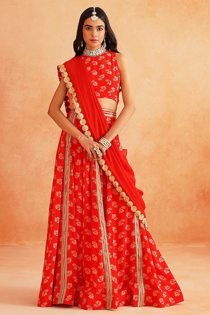 Scarlet Red Crepe Hand Embroidered Lehenga Set by Palak & Mehak at Pernia's Pop Up Shop