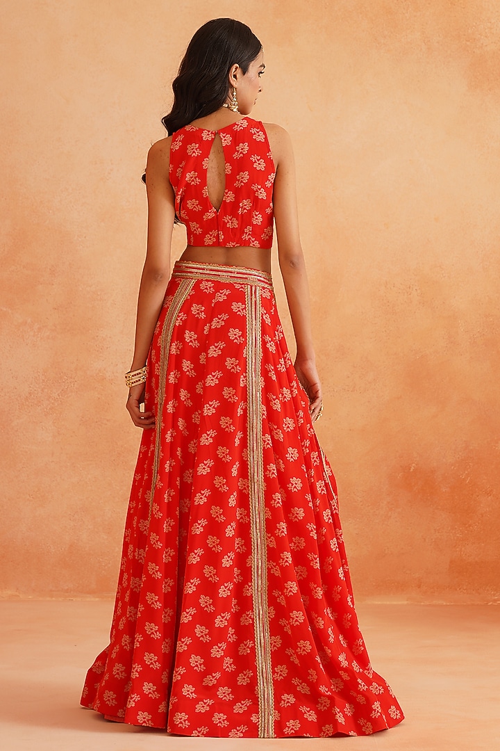 Scarlet Red Crepe Hand Embroidered Lehenga Set by Palak & Mehak at Pernia's Pop Up Shop