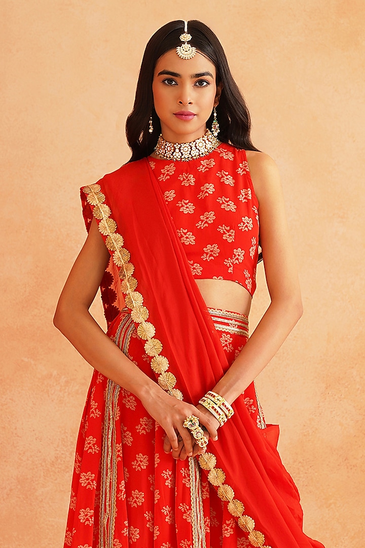 Scarlet Red Crepe Hand Embroidered Lehenga Set by Palak & Mehak at Pernia's Pop Up Shop