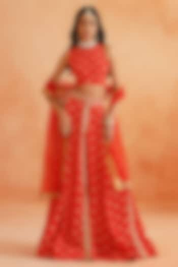 Scarlet Red Crepe Hand Embroidered Lehenga Set by Palak & Mehak at Pernia's Pop Up Shop