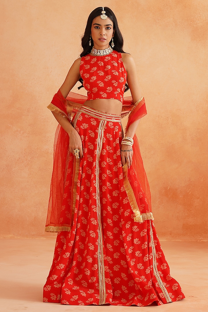 Scarlet Red Crepe Hand Embroidered Lehenga Set by Palak & Mehak at Pernia's Pop Up Shop