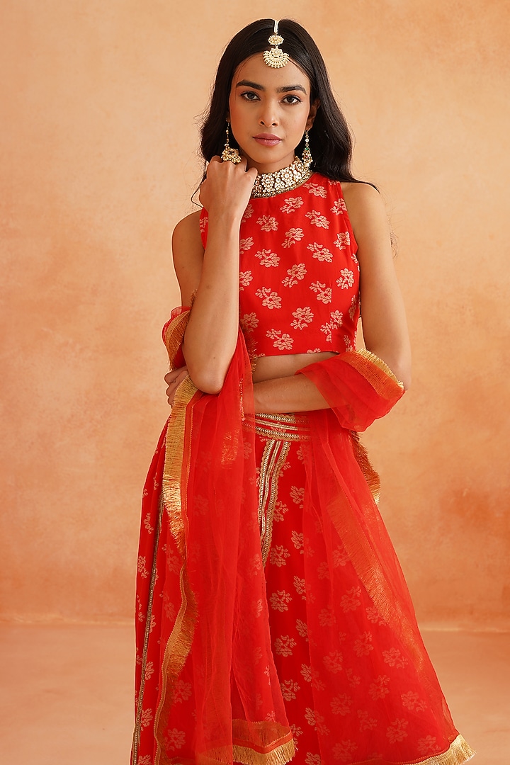 Scarlet Red Crepe Hand Embroidered Lehenga Set by Palak & Mehak at Pernia's Pop Up Shop