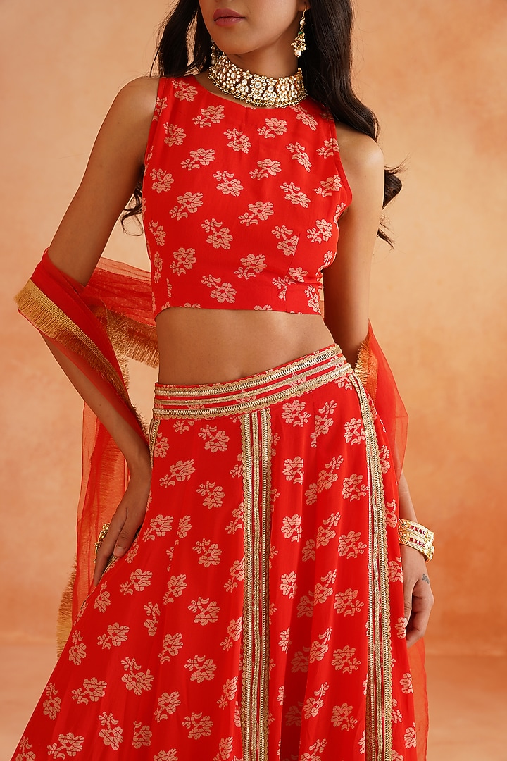 Scarlet Red Crepe Hand Embroidered Lehenga Set by Palak & Mehak at Pernia's Pop Up Shop