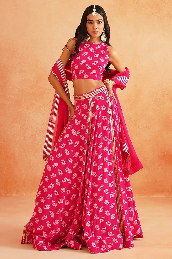 Hot Pink Crepe Hand Embroidered Lehenga Set by Palak & Mehak at Pernia's Pop Up Shop