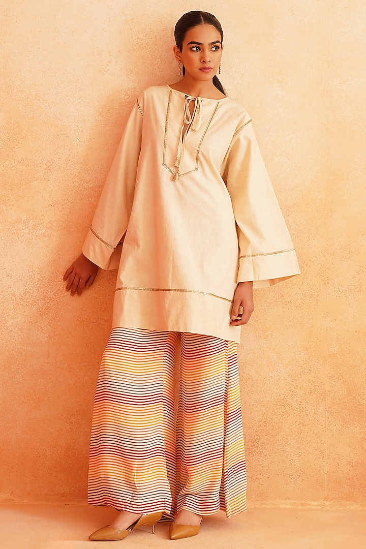 Multi-Colored Crepe & Cotton Poplin Stripe Printed Palazzo Pant Set by Palak & Mehak at Pernia's Pop Up Shop