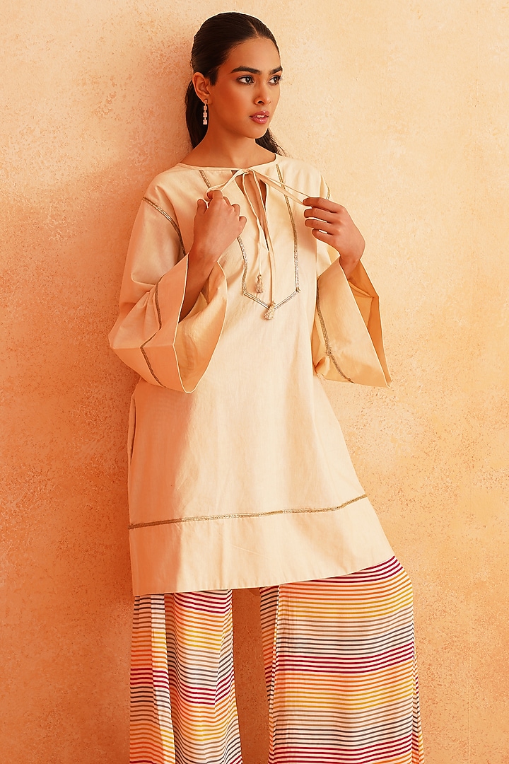 Multi-Colored Crepe & Cotton Poplin Stripe Printed Palazzo Pant Set by Palak & Mehak at Pernia's Pop Up Shop