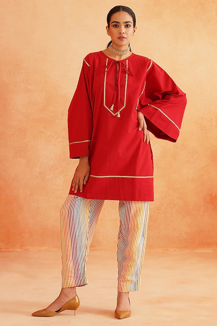 Multi-Colored Crepe & Cotton Poplin Stripe Printed Pant Set by Palak & Mehak at Pernia's Pop Up Shop