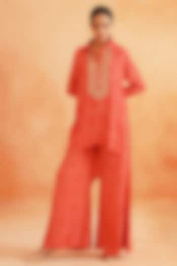 Scarlet Red Crepe Palazzo Pant Set by Palak & Mehak at Pernia's Pop Up Shop