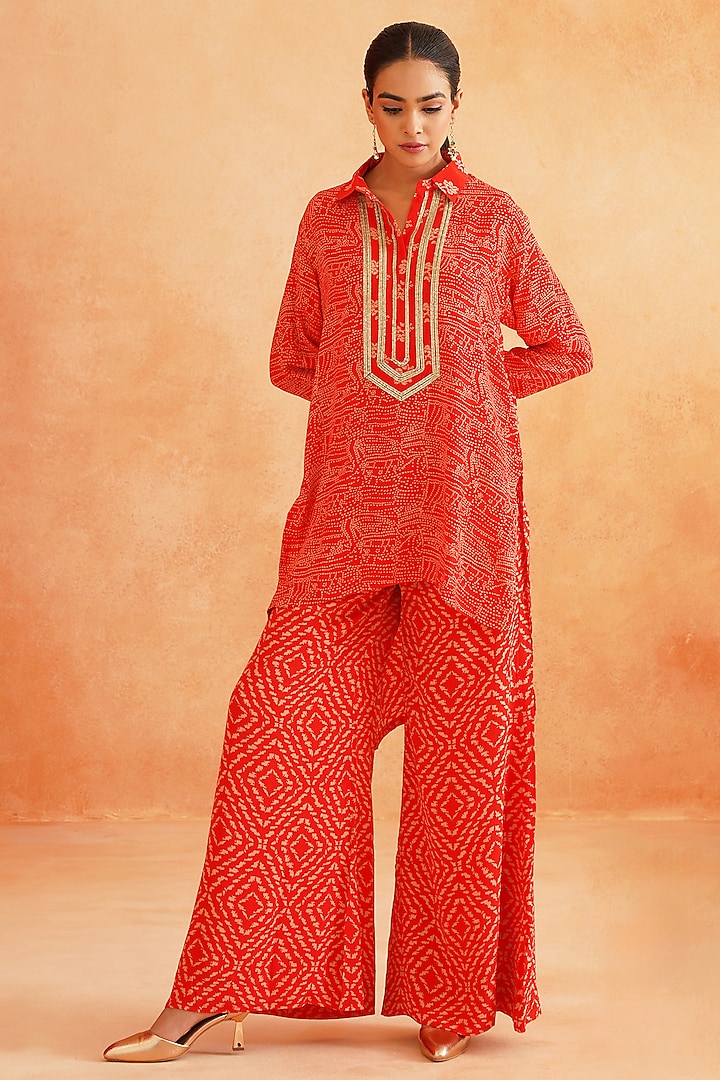 Scarlet Red Crepe Palazzo Pant Set by Palak & Mehak at Pernia's Pop Up Shop