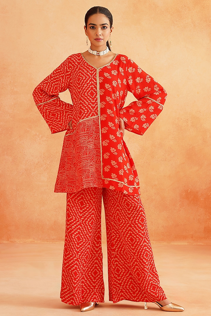 Scarlet Red Crepe Palazzo Pant Set by Palak & Mehak at Pernia's Pop Up Shop