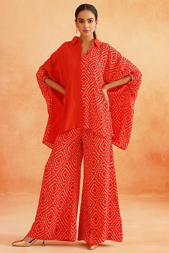 Scarlet Red Crepe Palazzo Pant Set by Palak & Mehak at Pernia's Pop Up Shop