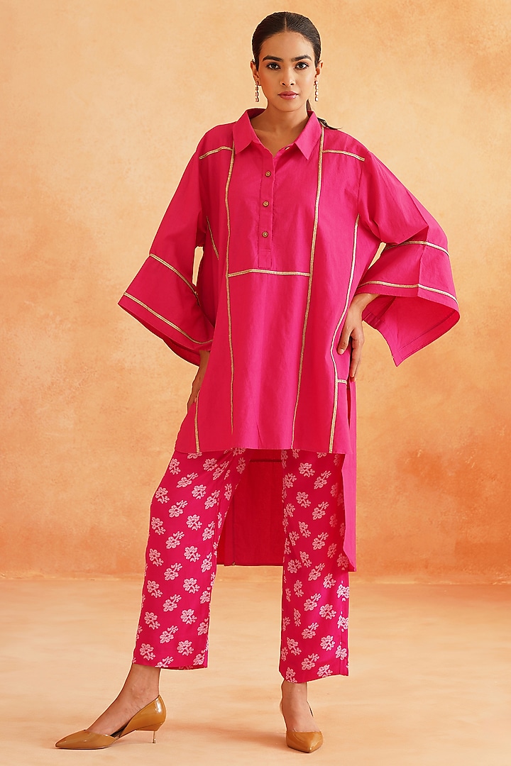 Hot Pink Crepe & Cotton Poplin Printed Pant Set by Palak & Mehak at Pernia's Pop Up Shop