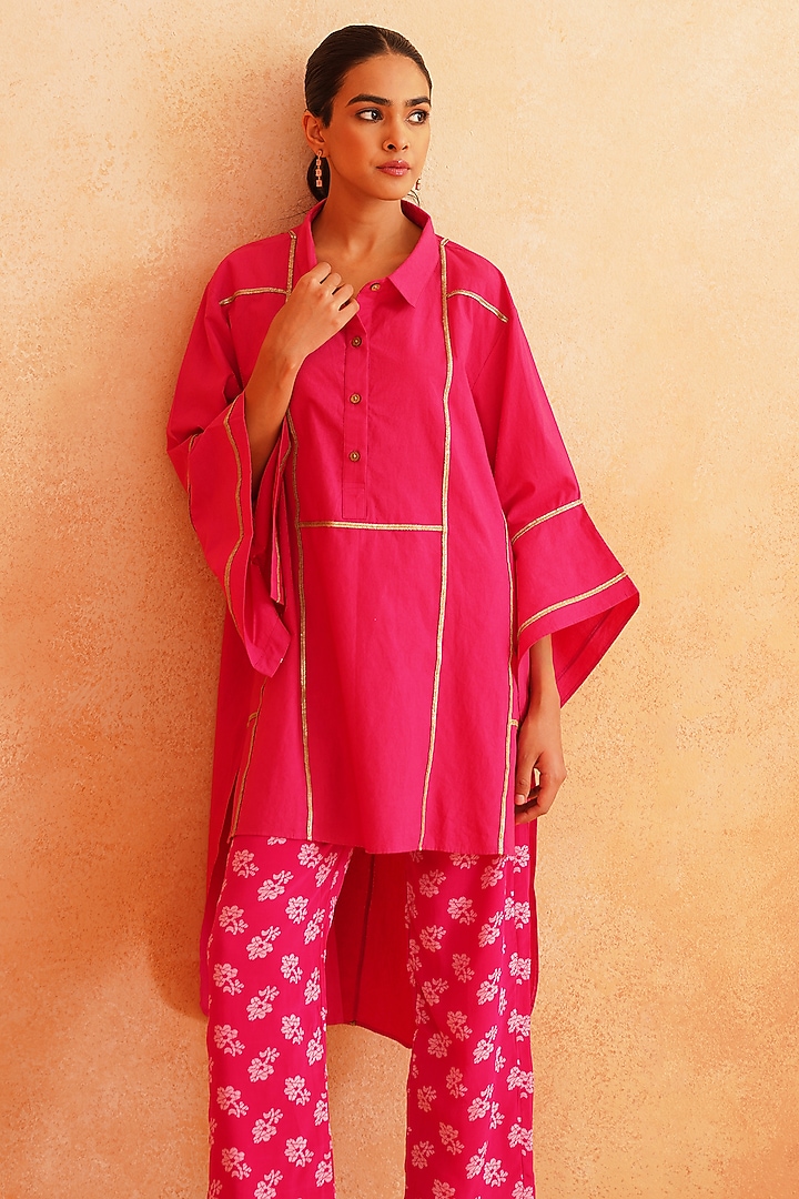 Hot Pink Crepe & Cotton Poplin Printed Pant Set by Palak & Mehak at Pernia's Pop Up Shop