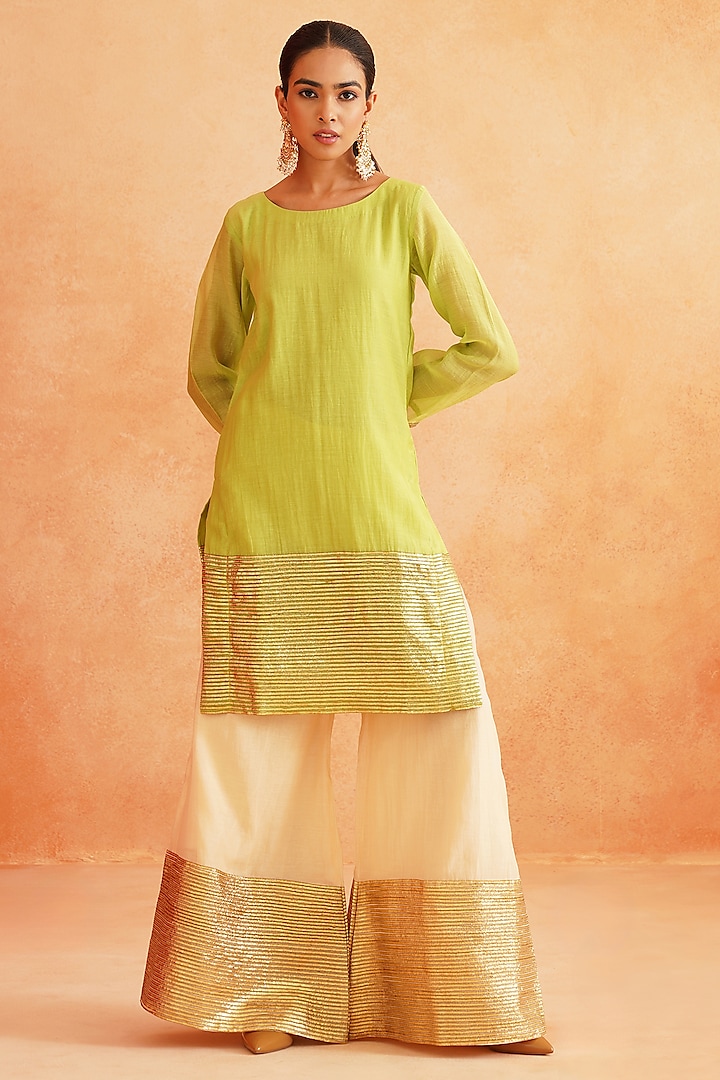 Pistachio Green Pure Soft Chanderi Gota Embroidered Kurta Set by Palak & Mehak at Pernia's Pop Up Shop