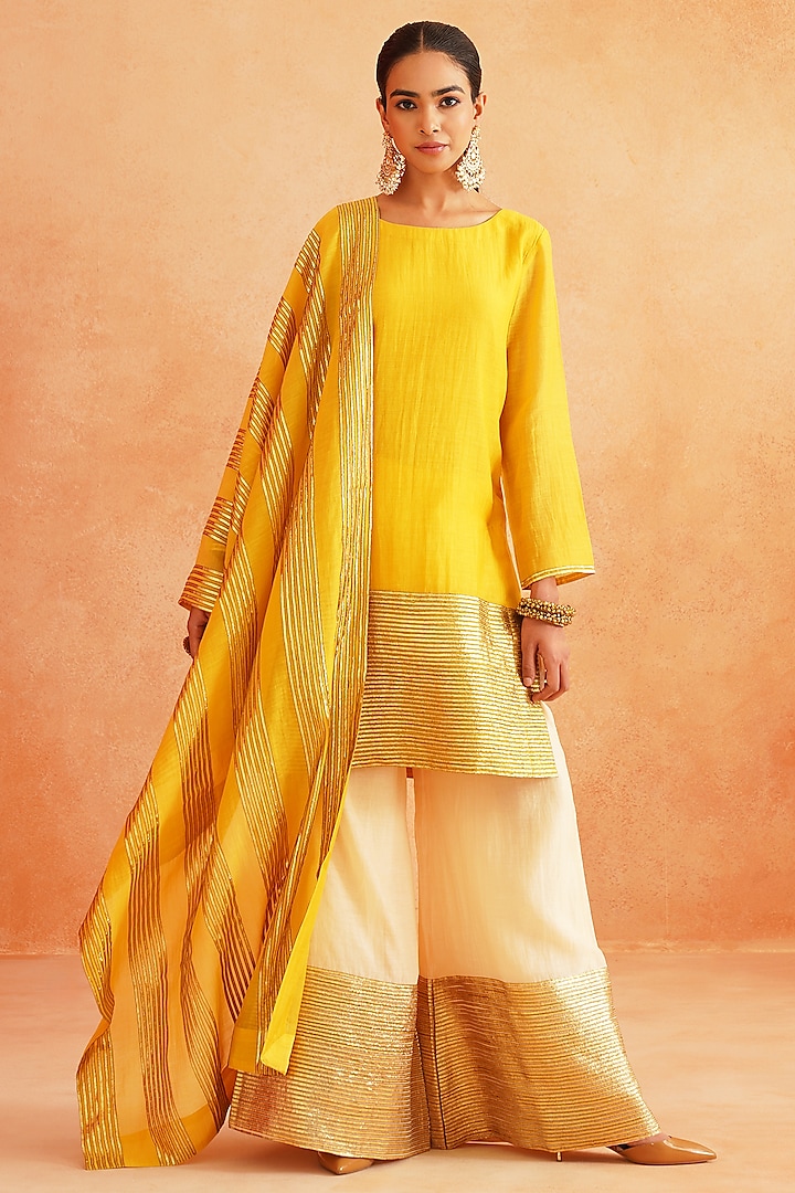 Warm Mustard Yellow Pure Soft Chanderi Gota Embroidered Kurta Set by Palak & Mehak at Pernia's Pop Up Shop