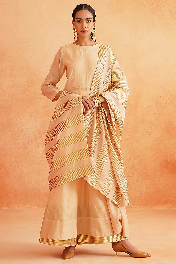 Warm Off-White Pure Soft Chanderi Anarkali Set by Palak & Mehak at Pernia's Pop Up Shop