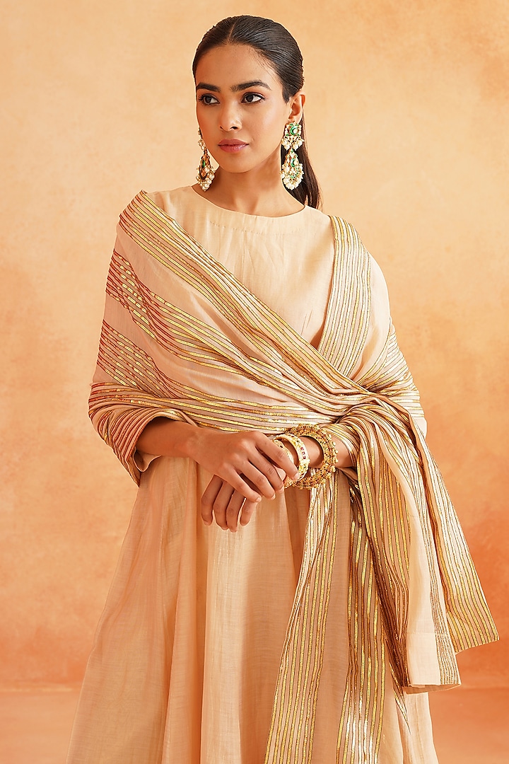 Warm Off-White Pure Soft Chanderi Party Wear Anarkali Set by Palak & Mehak at Pernia's Pop Up Shop
