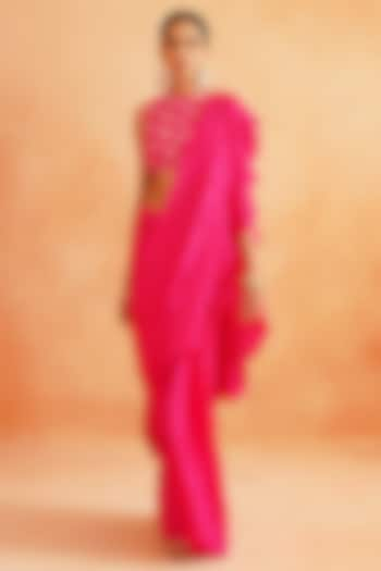 Hot Pink Crepe Pre-Stitched Saree Set by Palak & Mehak at Pernia's Pop Up Shop