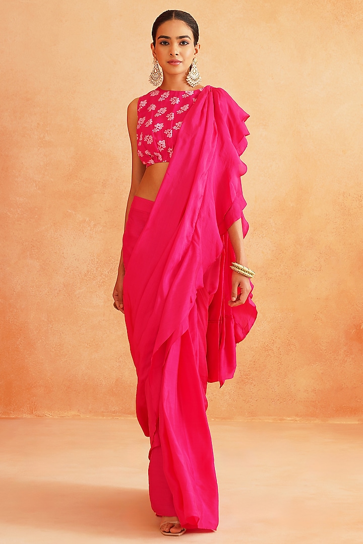 Hot Pink Crepe Pre-Stitched Saree Set by Palak & Mehak at Pernia's Pop Up Shop