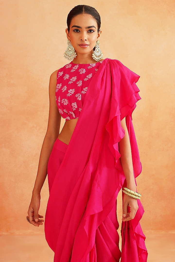 Hot Pink Crepe Pre-Stitched Party Wear Saree Set by Palak & Mehak at Pernia's Pop Up Shop