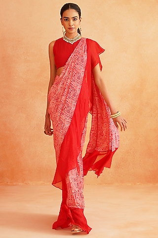 Red Pure Crepe Pre-Stitched Saree Set by Palak & Mehak