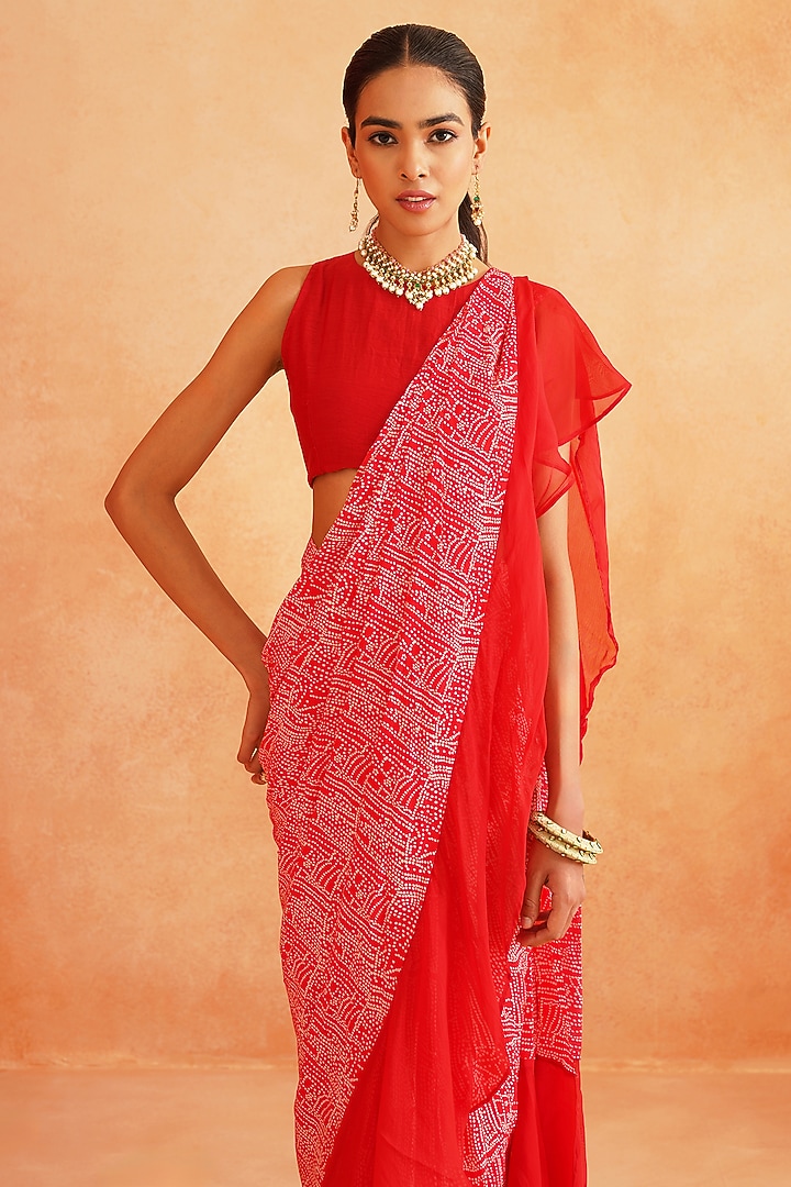 Red Pure Crepe Pre-Stitched Party Wear Saree Set by Palak & Mehak at Pernia's Pop Up Shop