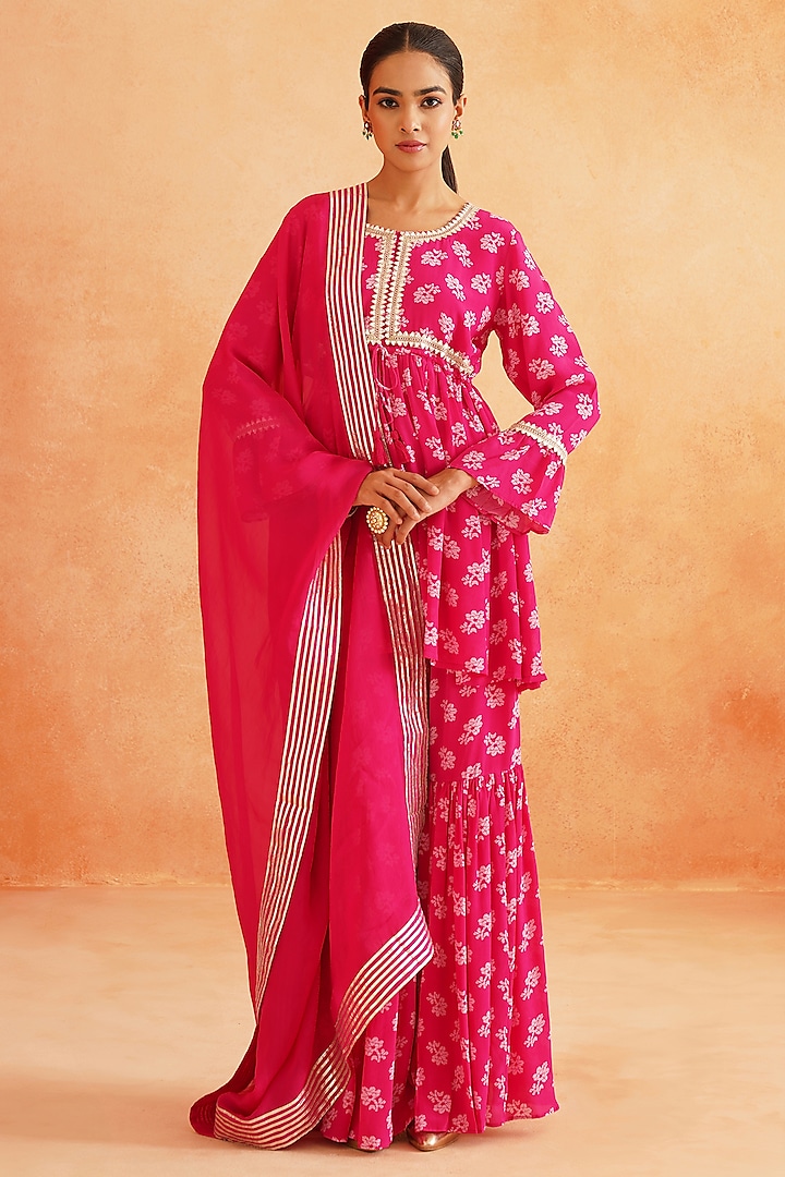 Hot Pink Crepe Printed Gharara Set by Palak & Mehak at Pernia's Pop Up Shop